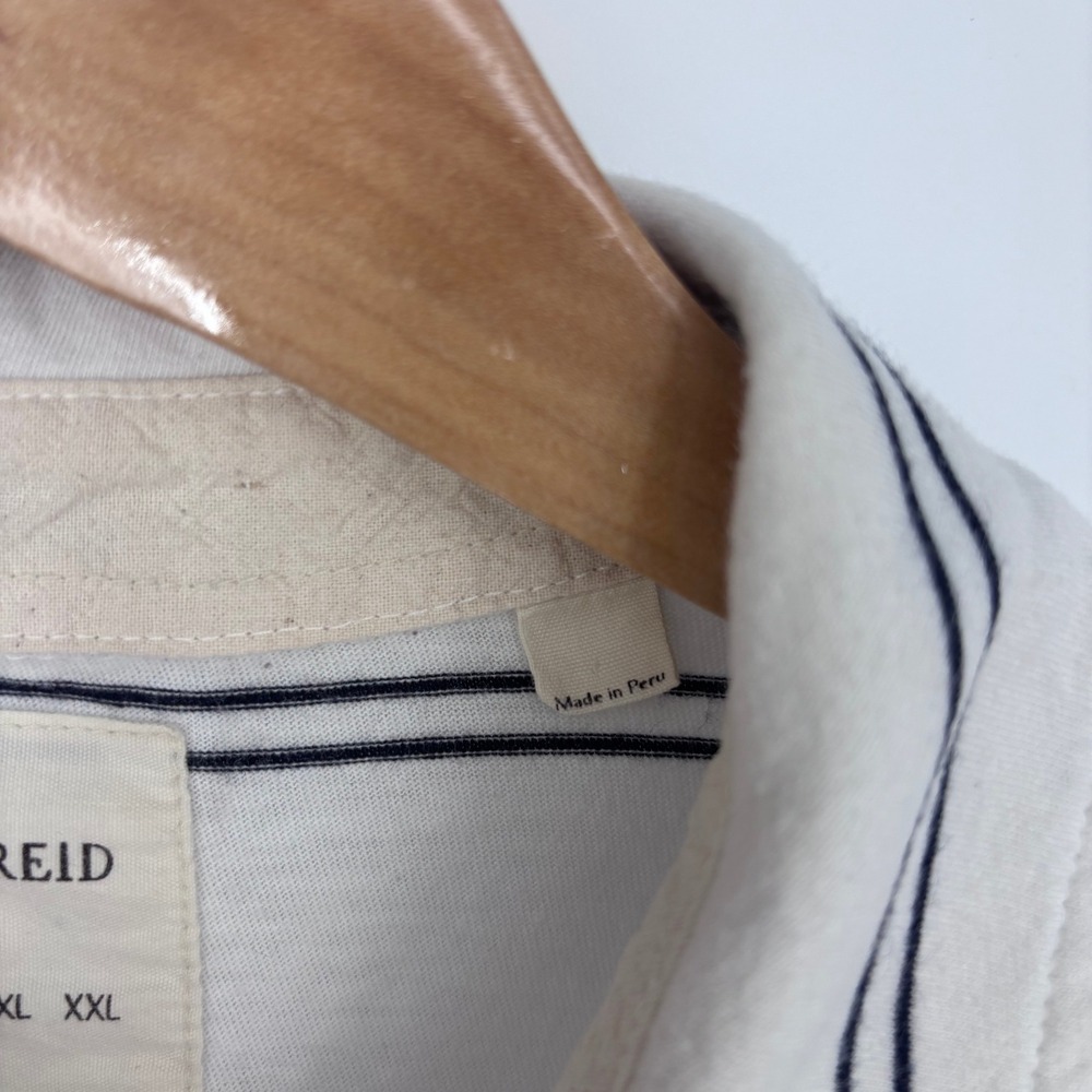 Billy Reid Polo Shirt Mens Medium White Navy Striped Cotton Pocket Cropped Fit - Picture 8 of 10
